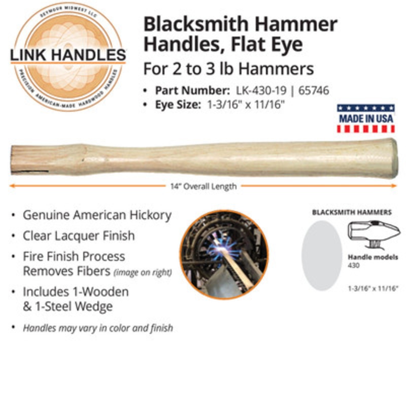 14in Blacksmith's Handle, Flat Eye for 2 to 3lb Hammers